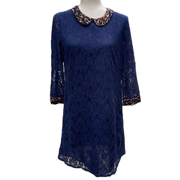 Whistles Navy Blue Lace Mini Dress Animal Print Leopard Silk Collar Cuff Trim - Picture 1 of 8